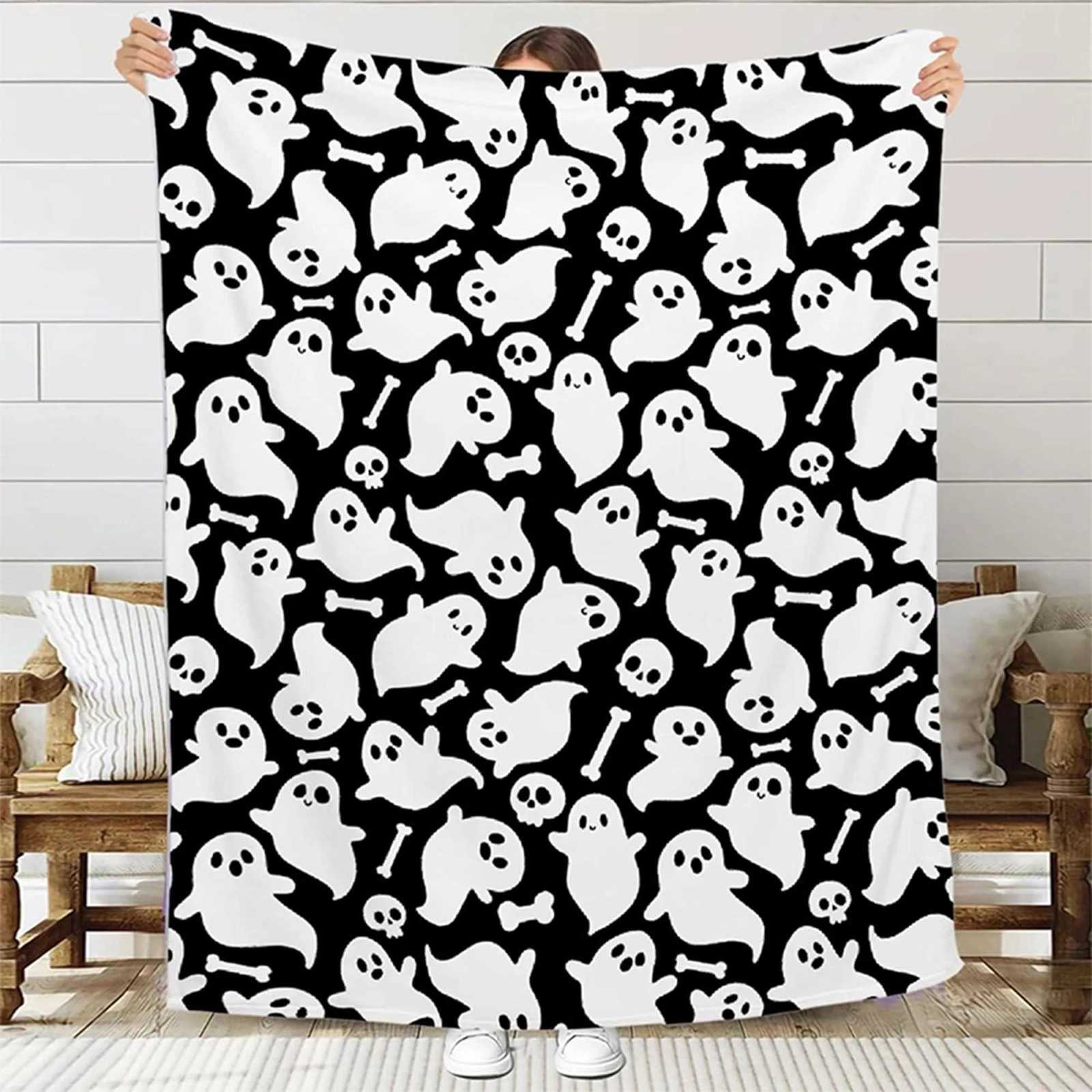 Spooky Halloween Ghosts and Bones Printed Blanket Cozy and Festive Flannel blanket soft and comfortable gift C251011
