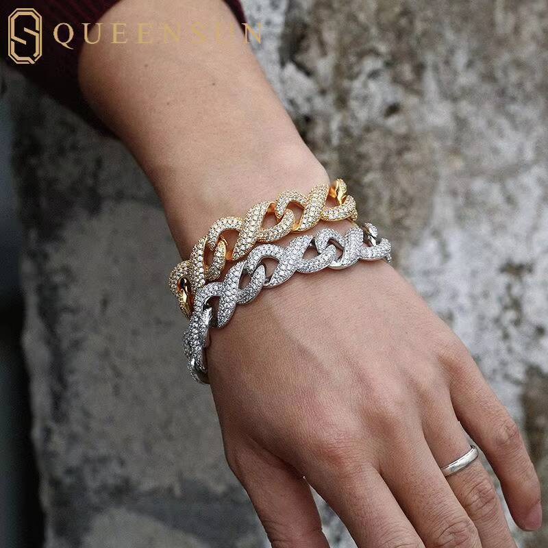 Queensun 14K Solid White Gold 15mm Infinite Cuban Chain Bracelet IGI GRA Lab Grown Diamond Hiphop Party Hiphop Bangles for Gift
