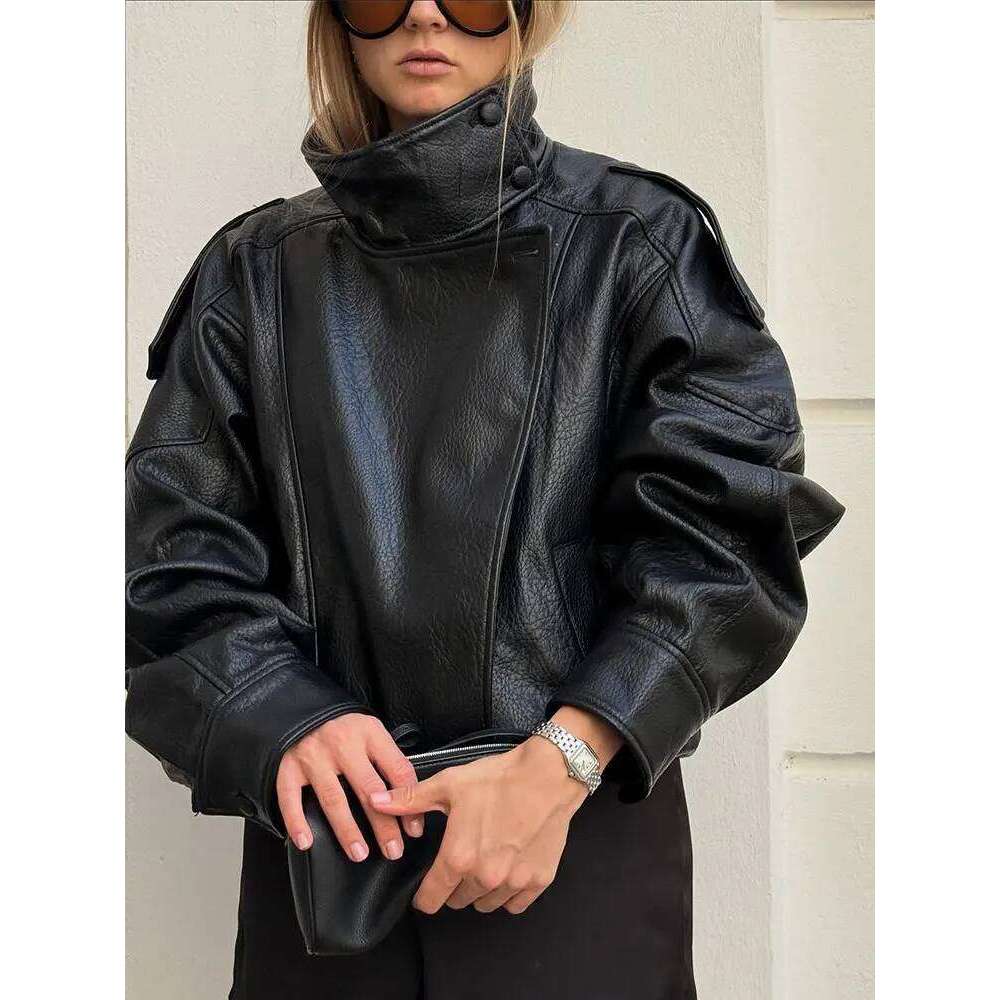 HH 2025 Autumn Women Pu Leather Jacket Vintage Solid Loose Long Sleeve Zipper Turtleneck Coat Casual Office Lady Outerwear
