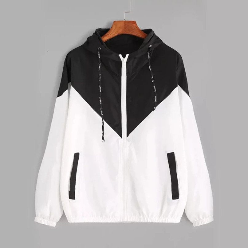 Fashion Hooded Windbreaker Jacket Women Elegant Color Block Patchwork Zipper Bomber Autumn Casual Coat Outerwear Raincoat 250207