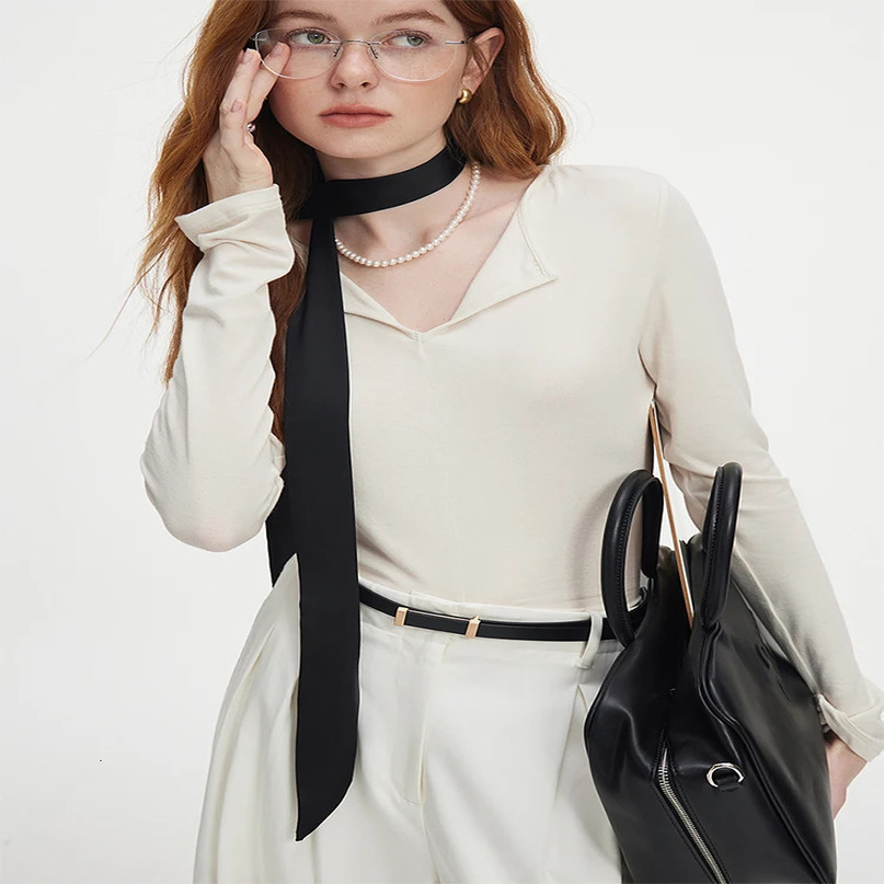 FSLE Women Pullover Long Sleeve Tops Sweater For VNeck Slim Cotton Grey Beige Sweaters Autumn Top 24FS13097 250731