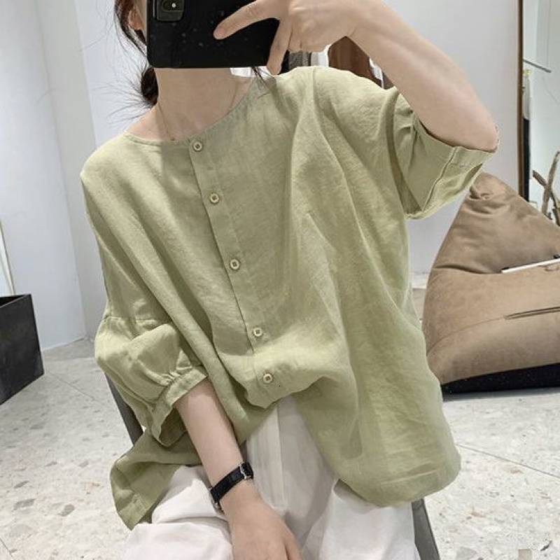 Designer Shirt Plus Size Women's Cotton Linen Designer Hoodie Solid Color 2025 Summer New Artistic Slimming Short Sleeve Shirt Loose Versatile Top Acrylic