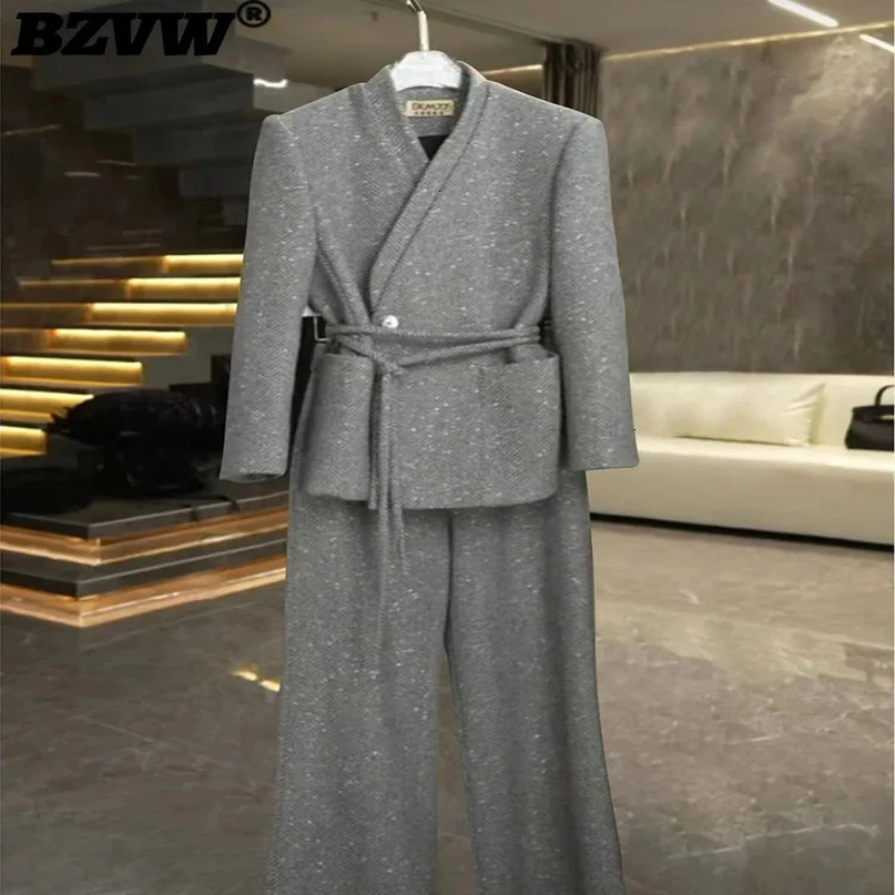 BZVW Office Womens Two Piece Set Vneck Single Button Lace Spliced Waist Jacket Wide Leg Pants 25Z1143 241115