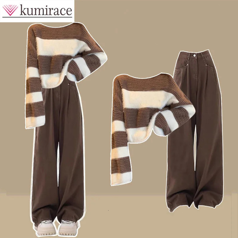 Womens Winter Set Loose Striped Tea Knitted Sweater High Waist Jeans Two Piece Clothing Pants 241008