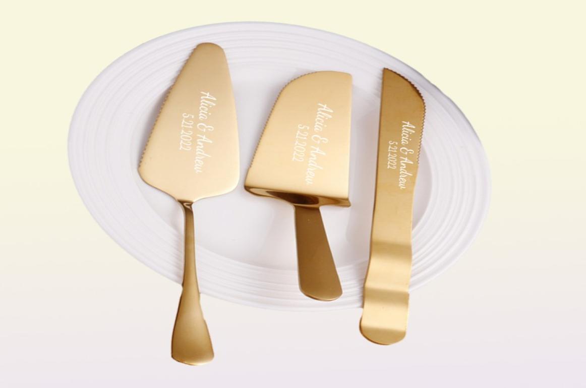 3pcsSet Personalized Pastry Stainless Steel Wedding Cake Knife Set Rose Gold Pizza Cutter Custom Dessert Pastry Baking Tools 220812023147