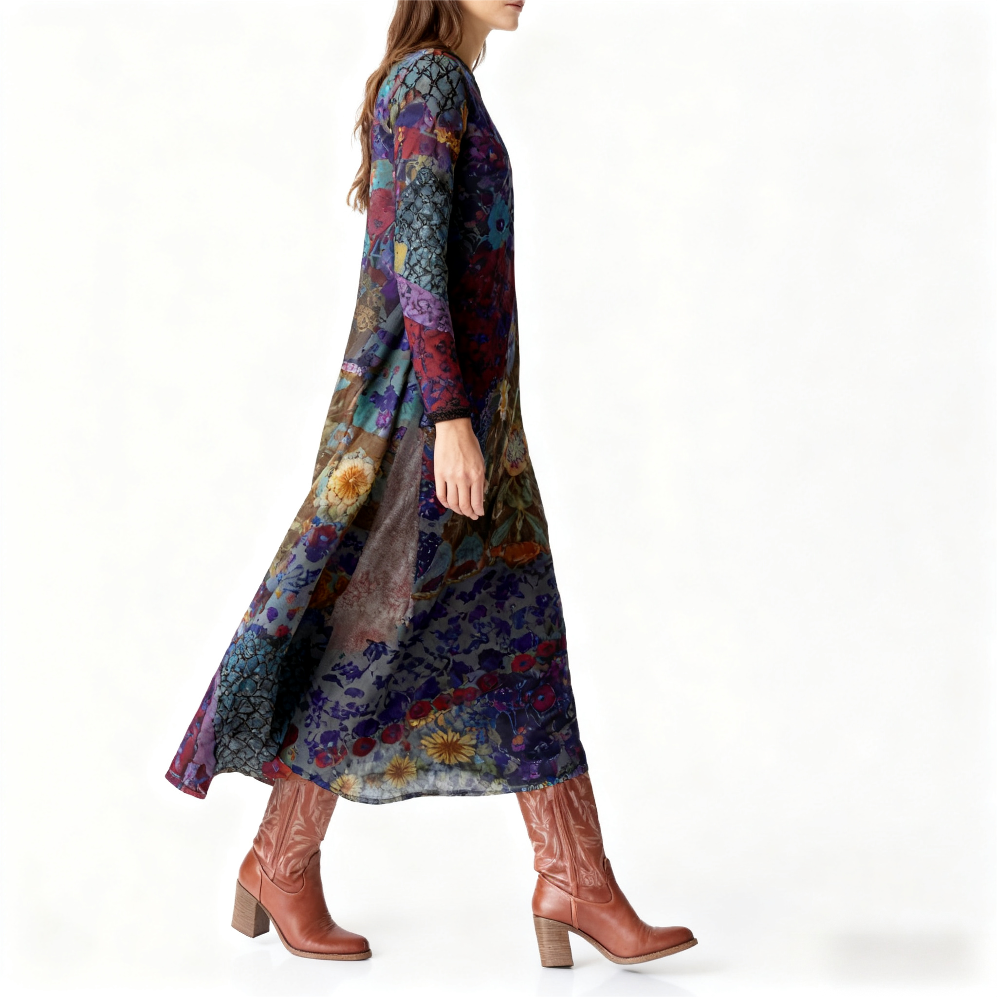 Women's Autumn Winter New Floral Patchwork Maxi Dress - Vintage & Casual Mixed - Color Dress-CF43251