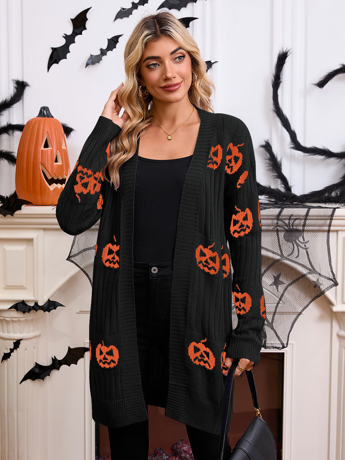 Women's Blouses Pumpkin Patterned Knitted Pullovers Halloween Festival Loose Fit Long Sleeve Sweater Autumn Winter O Neck Cardigan Jumpers