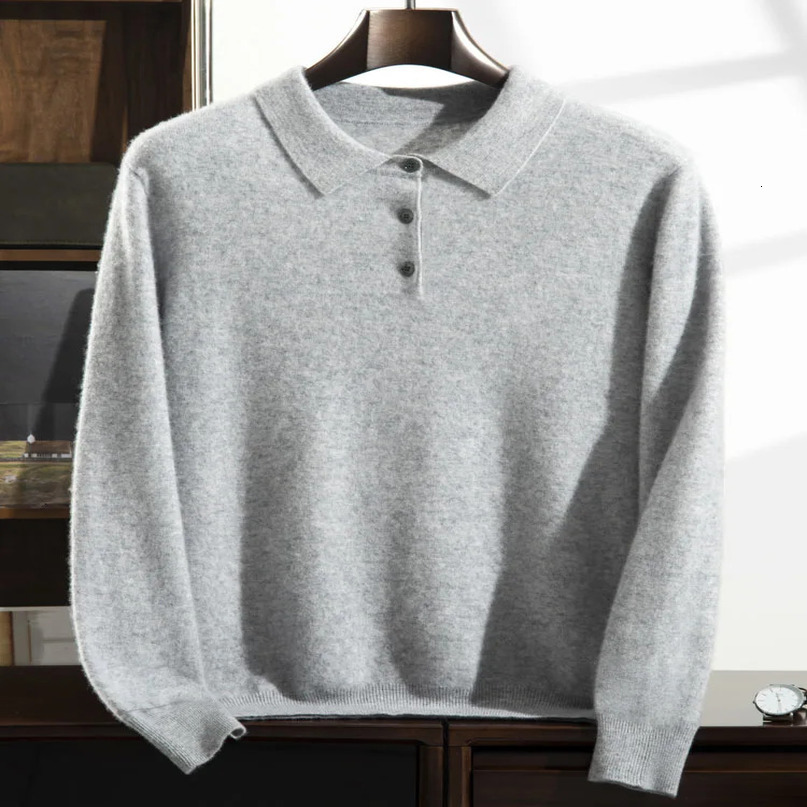 100% pure cashmere sweater with a lapel collar mens polo neck knitted floral patterns highend bottom shirt for business and leisure autumn loose thick