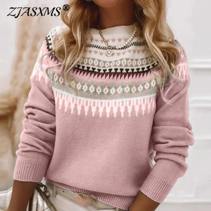 Ethnic Retro Geometric Print Patchwork Womens Sweater Autumn Round Neck Rib Knitwear Top Winter Long Sleeve Pullover Jumper 241021