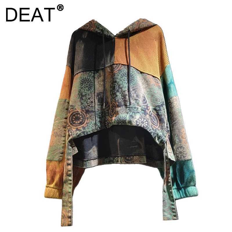 DEAT Women Hooded Pullover Patchwork Knitted Sweater Denim Printed Short Front Long Back Hoodie 2025 New Fashion Autumn 29A2289 L2510108ALU
