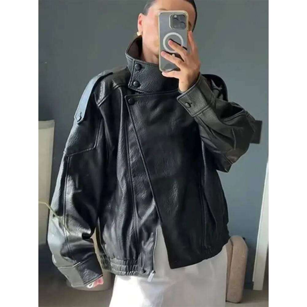 HH 2025 Autumn Women Pu Leather Jacket Vintage Solid Loose Long Sleeve Zipper Turtleneck Coat Casual Office Lady Outerwear