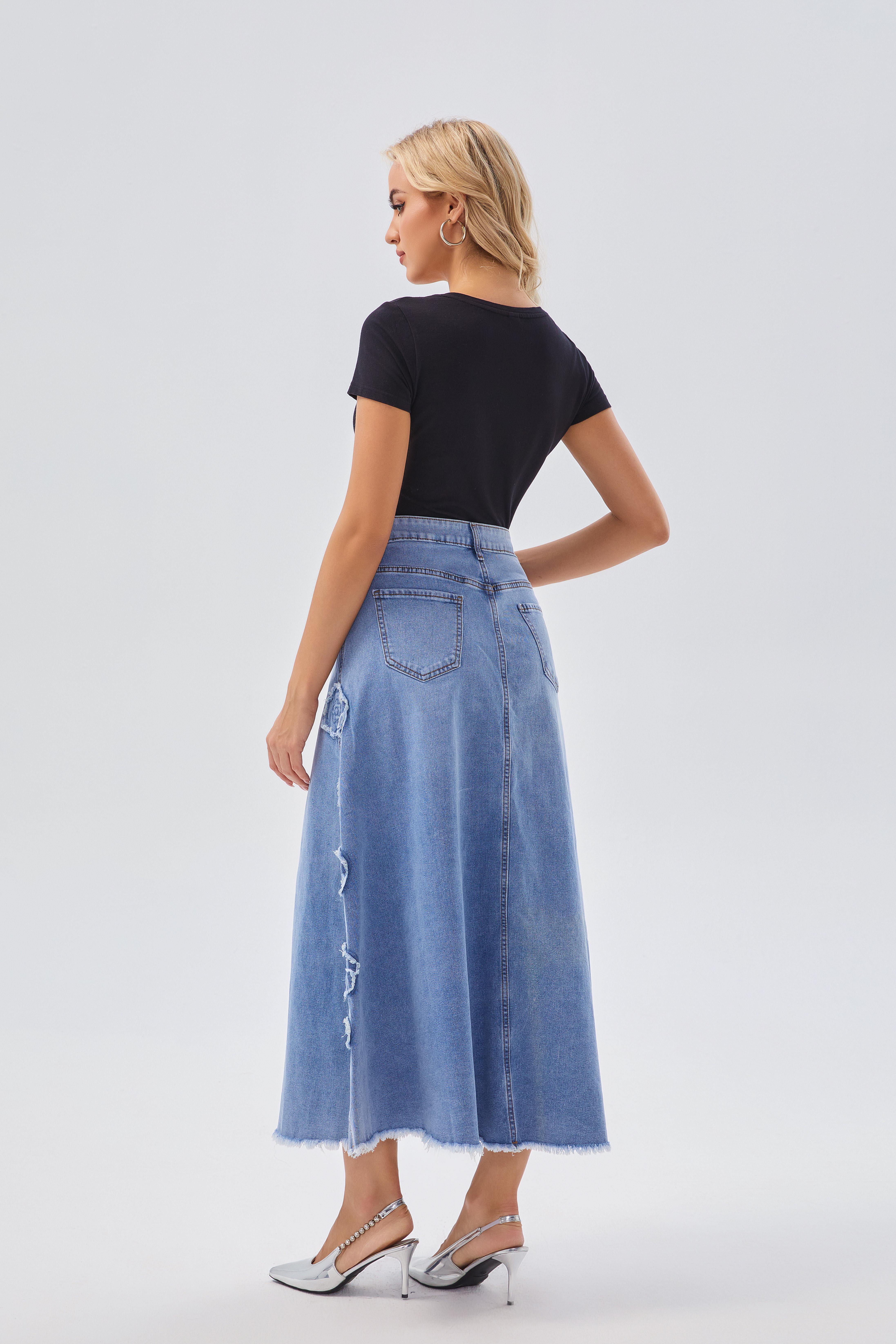 Skirts Women's High - Waisted Denim A - line Maxi Skirt with Flower Applique - Bohemian Style, Ideal for Festival & Casual Wear