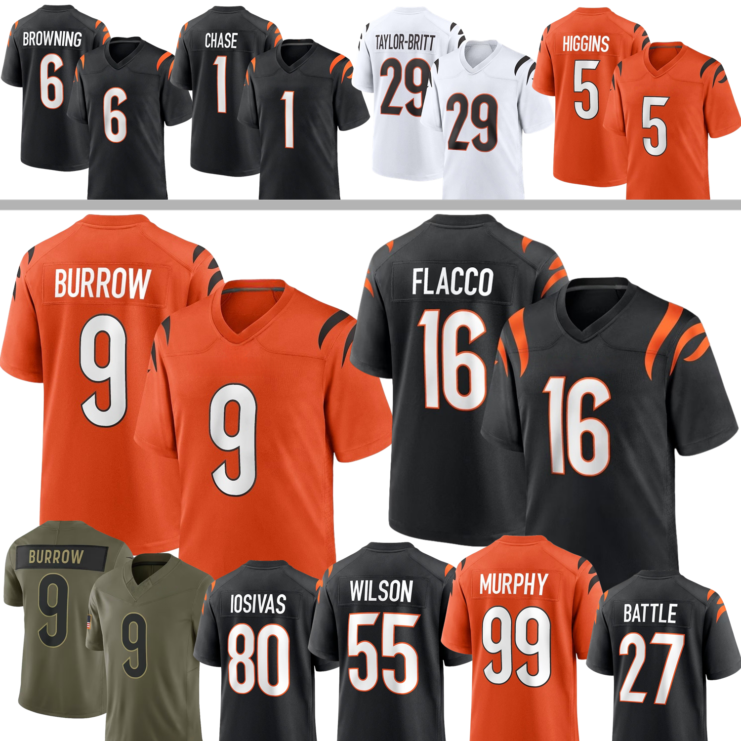 Joe Burrow Football Jersey Ja'Marr Chase Joe Flacco Tee Higgins Evan McPherson Cam Taylor-Britt Daxton Hill Battle Wilson Murphy Gesicki Jenkins Amarius Mims Custom
