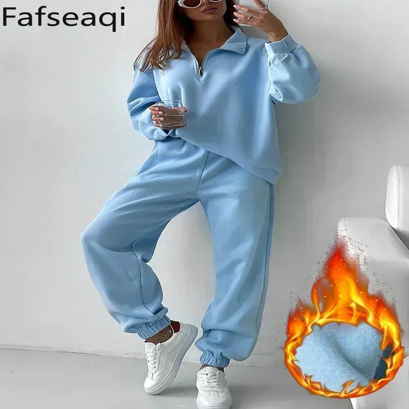 Sports womens warm track and field clothes winter cotton wool twopiece set harem Trouser velvet zipper hooded sweatshirt 241008