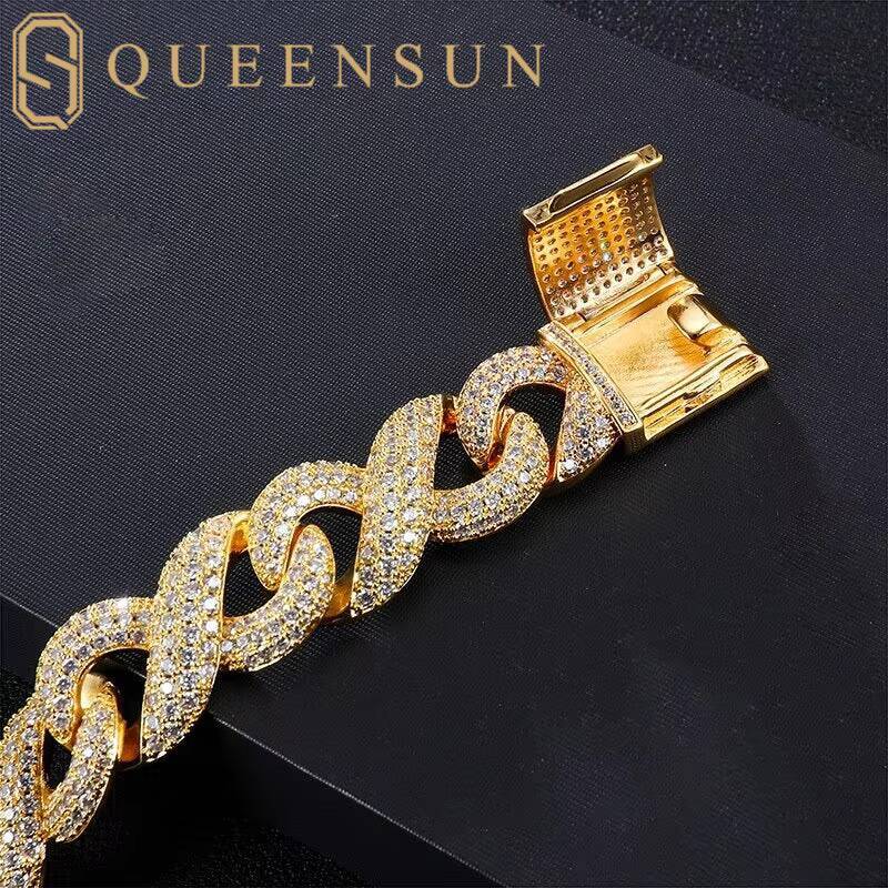 Queensun 14K Solid White Gold 15mm Infinite Cuban Chain Bracelet IGI GRA Lab Grown Diamond Hiphop Party Hiphop Bangles for Gift