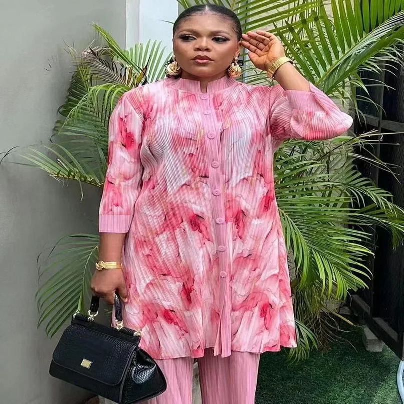 EGRM Miyake Folding Womens Two Piece Set Printed Temperature Collar Single breasted Shirt Straight Pants 6GR1920 241008