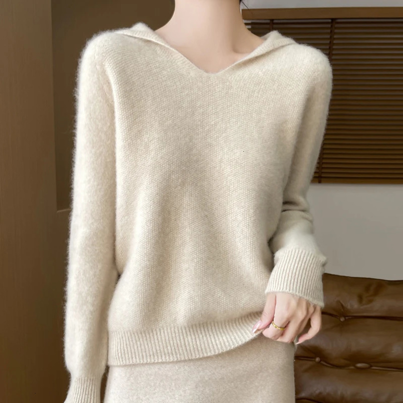 Osmanso needle Autumn and winter 100% Merino wool hoodie cashmere sweater womens Vneck warm bottom knit shirt top 241021