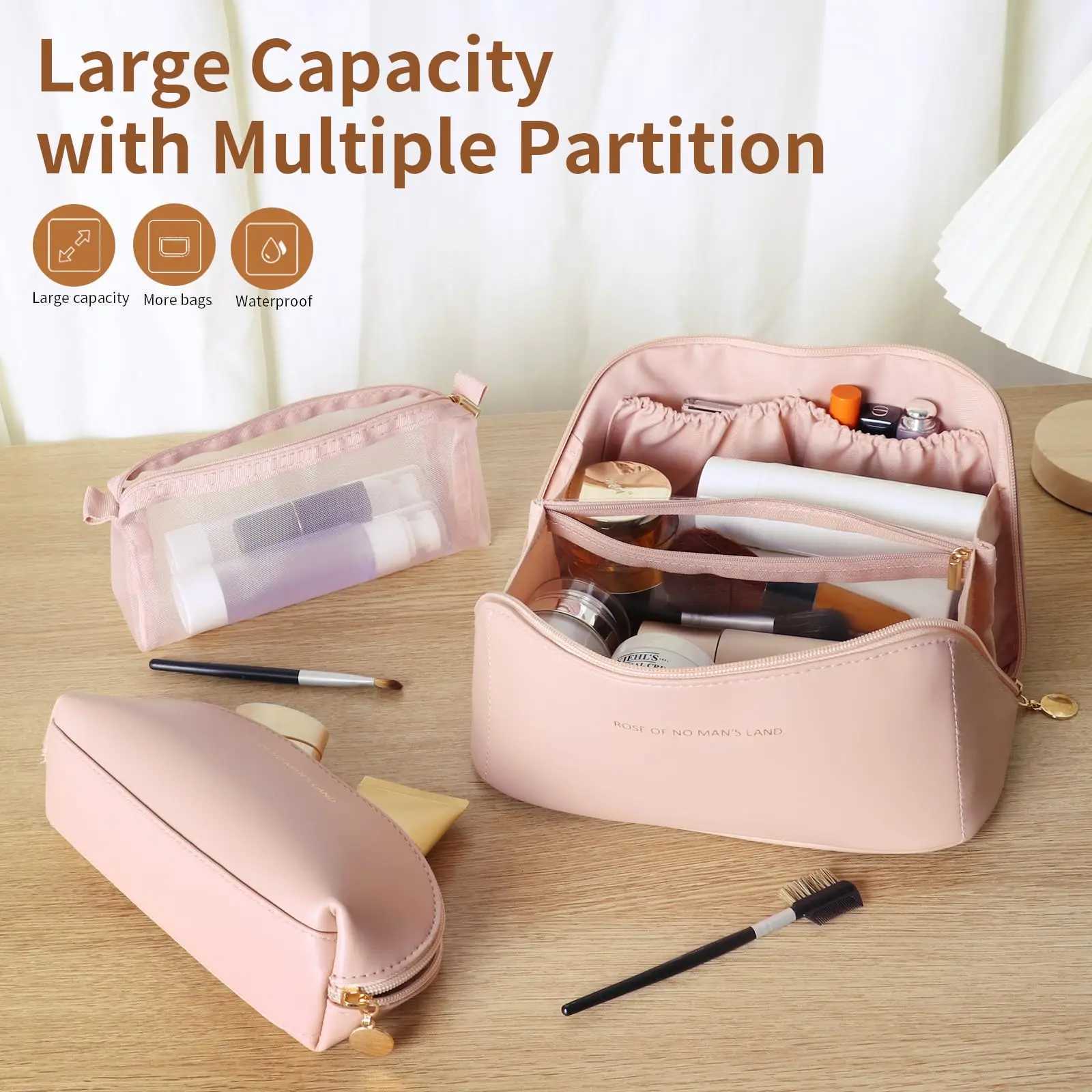Travel Makeup Bag Large Capacity Cosmetic Organizer Bags for Wen Waterproof PU Leather Toiletry Bags Wide Open Flat Makeup D251011