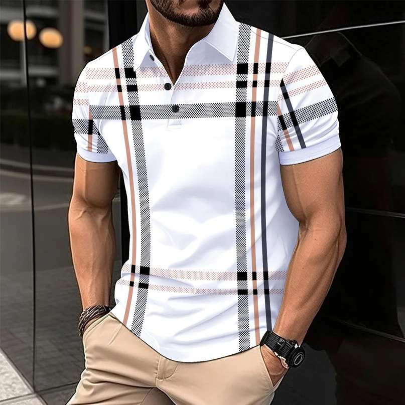 Mens Fashion Breathable Short Sleeve Striped POLO Shirt ButtonDown Top clothing 240601