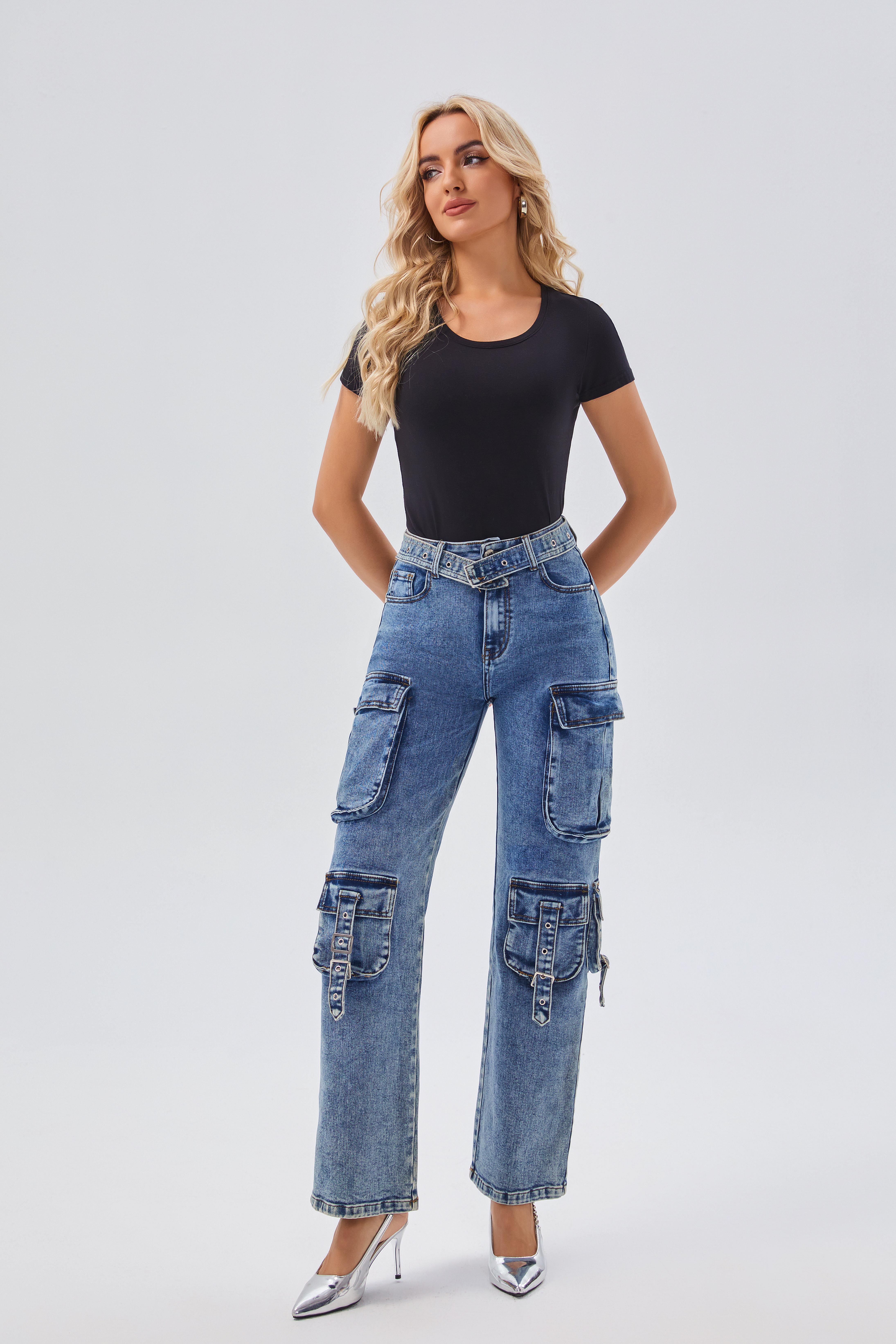 Women's Jeans Women's High - Waisted Denim Cargo Pants with Buckle Belt - Trendy Multi - Pocket Design, Ideal for Casual & Streetwear