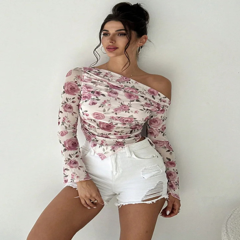 Spring and Autumn Womens Elegant Romantic Floral Print Long Sleeve Irregular Hem Tshirt 250729