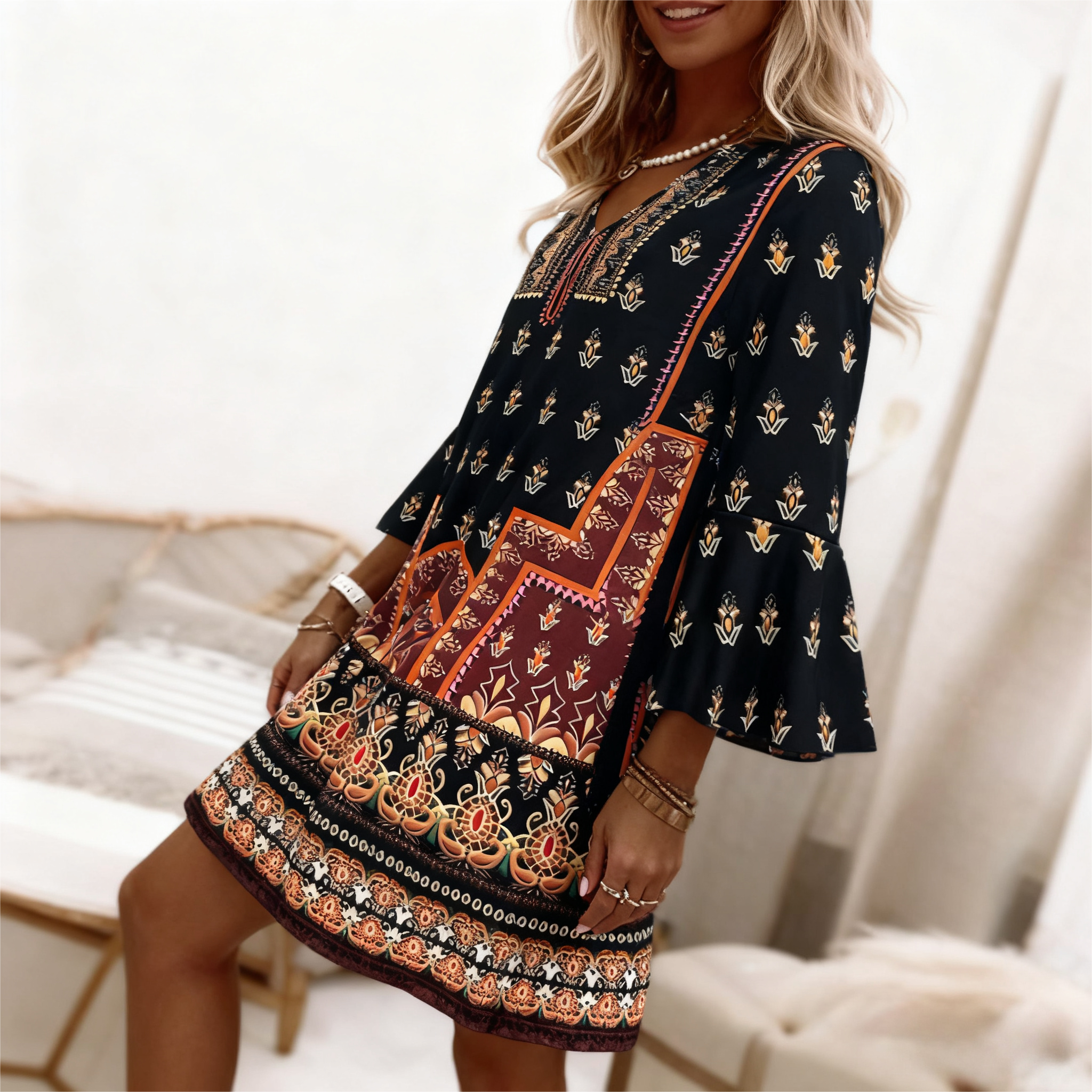 Women's Autumn New Ethnic - Style Printed Dress - Elegant & Casual Office - Wear Black Dress-CF53946