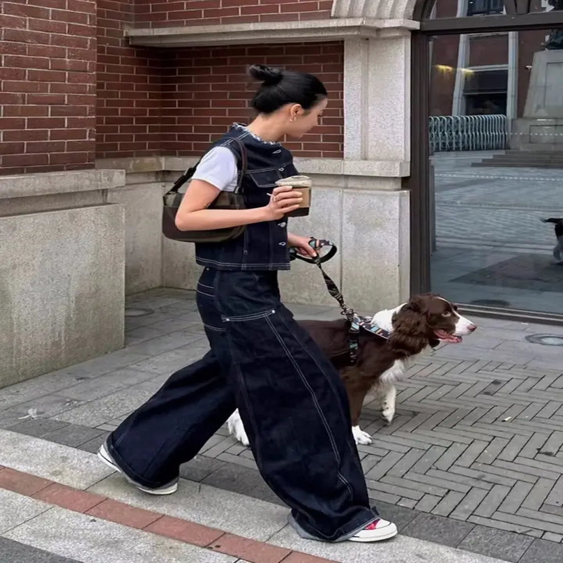 Korean fashion clothing retro denim twopiece set womens springsummer vest weight loss shorts wide leg pants 241008