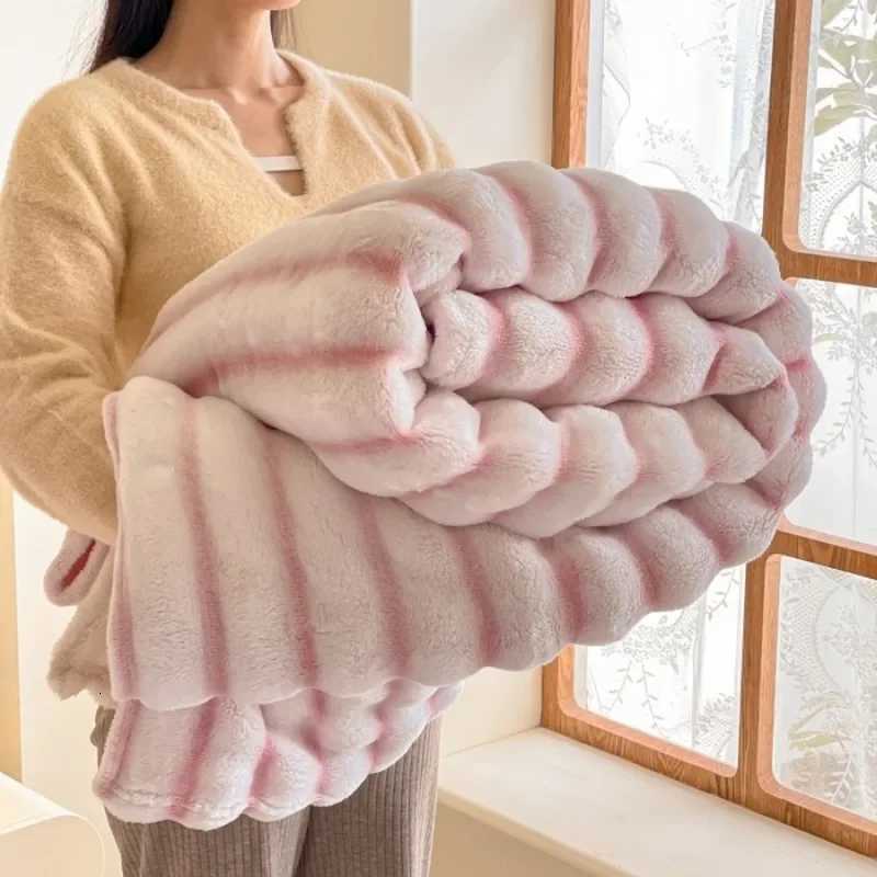 New Rabbit Plush Back Printed Striped Blanket Multifunctional Blanket High Gram Weight Falai Milk Plush Coral Rabbit Plush C251011