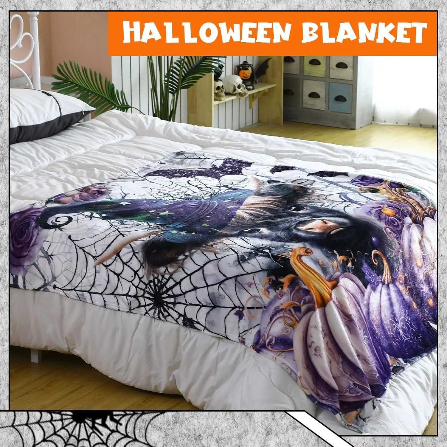 Plush Warm Fleece Blankets for Women Men Girls Halloween Throw Blanket Cute Baby Highland Cattle Witch Flannel Blanket Soft C251011