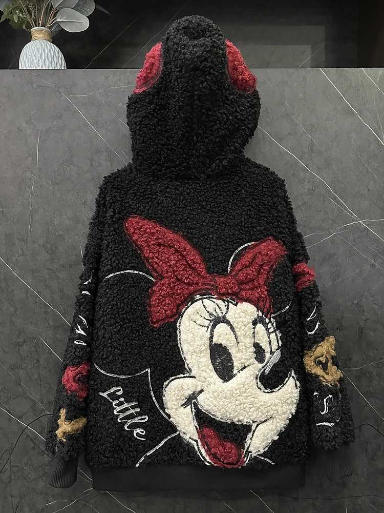 Fashion Autumn Winter Fluffy Overcoat Cute Minnie Loose Hooded Zip Cardigans Coat Midlong Long Slve Swt Lambswool Jacket L251010GQ0Z