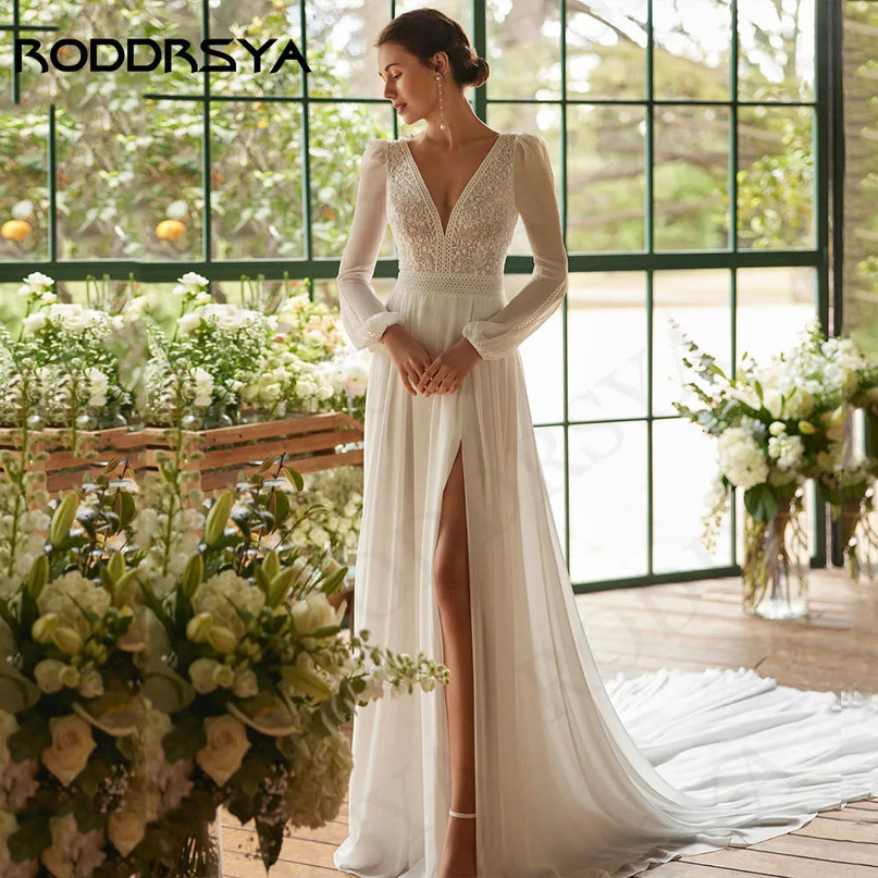 RODDRSYA Bohemian Wedding Dress Women vestidos novias boda Chiffon Long Sleeves Lace Bride Dresses Appliques Split V Neck A Line 241112