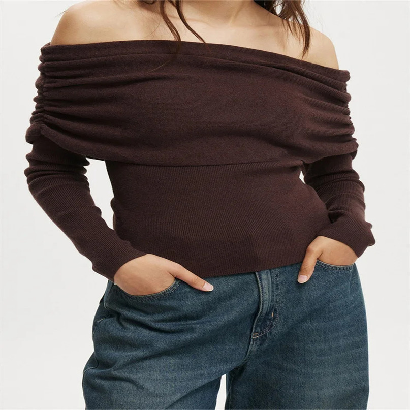 CHRONSTYLE Women Slash Neck Off Shoulder Sweaters Long Sleeve Solid Color Knitted Pullovers Slim Fit Ruched Tops Jumpers 250731