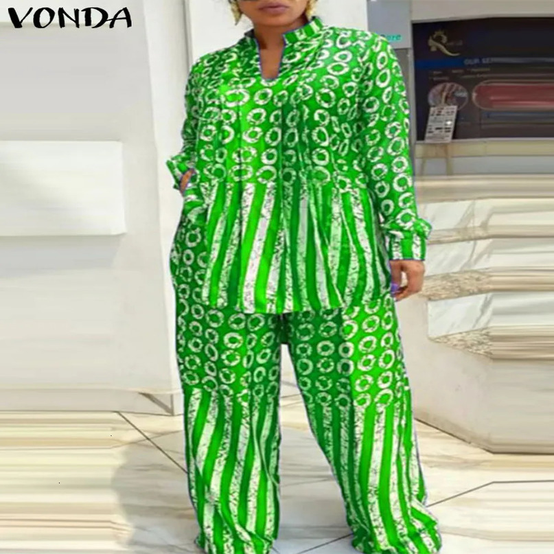 autumn matching set VONDA womens Vneck long sleeved polka dot striped printed shirt and casual pants 2PCS 241008