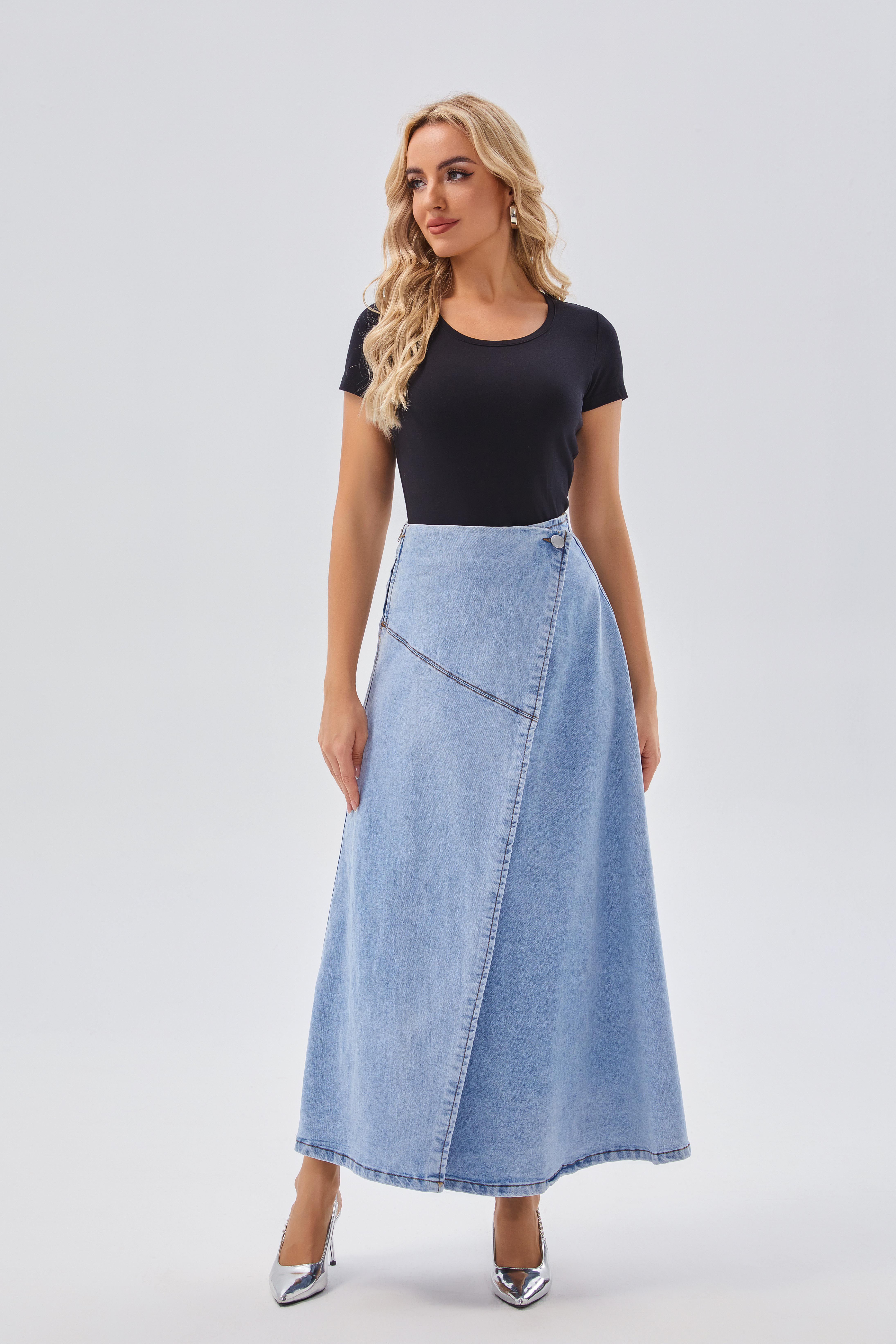 Skirts Women's Asymmetric Button - Up Light Blue Denim Midi Skirt - Trendy & Versatile, Perfect for Casual & Semi - formal Occasions