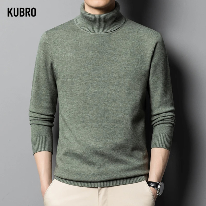 KUBRO Autumn Winter Mens High Quality Turtleneck Wool Sweater Solid Color Knit Tight Warm Casual Bottom Pullover Top 240113