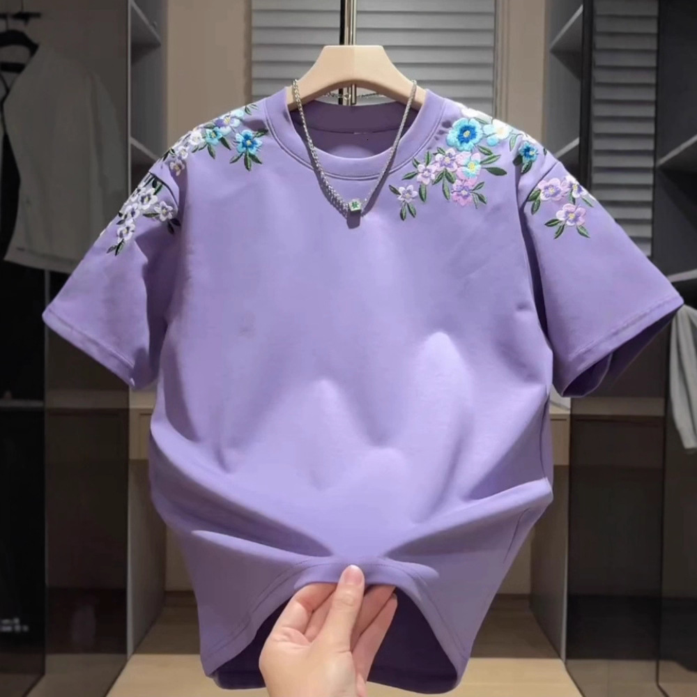 2025 Summer New Trendy Designer Hoodie Brand Color-changing Floral Embroidery Round Neck Short Designer Shirt Sleeve T-shirt Men's Fashion Versatile Casual Half