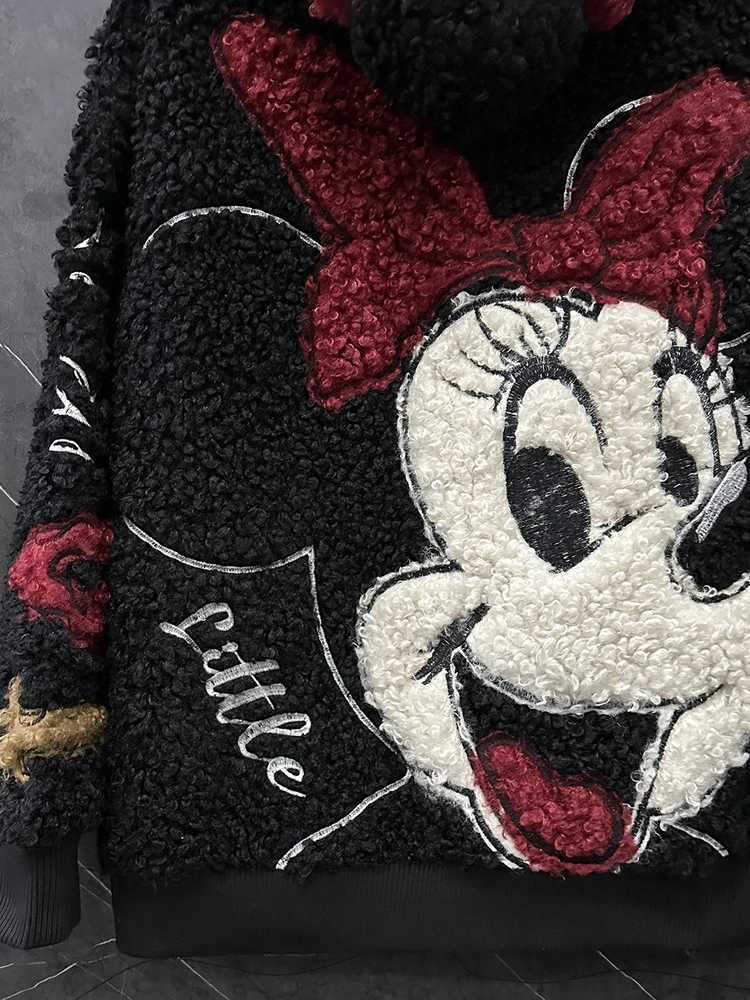 Fashion Autumn Winter Fluffy Overcoat Cute Minnie Loose Hooded Zip Cardigans Coat Midlong Long Slve Swt Lambswool Jacket L251010GQ0Z
