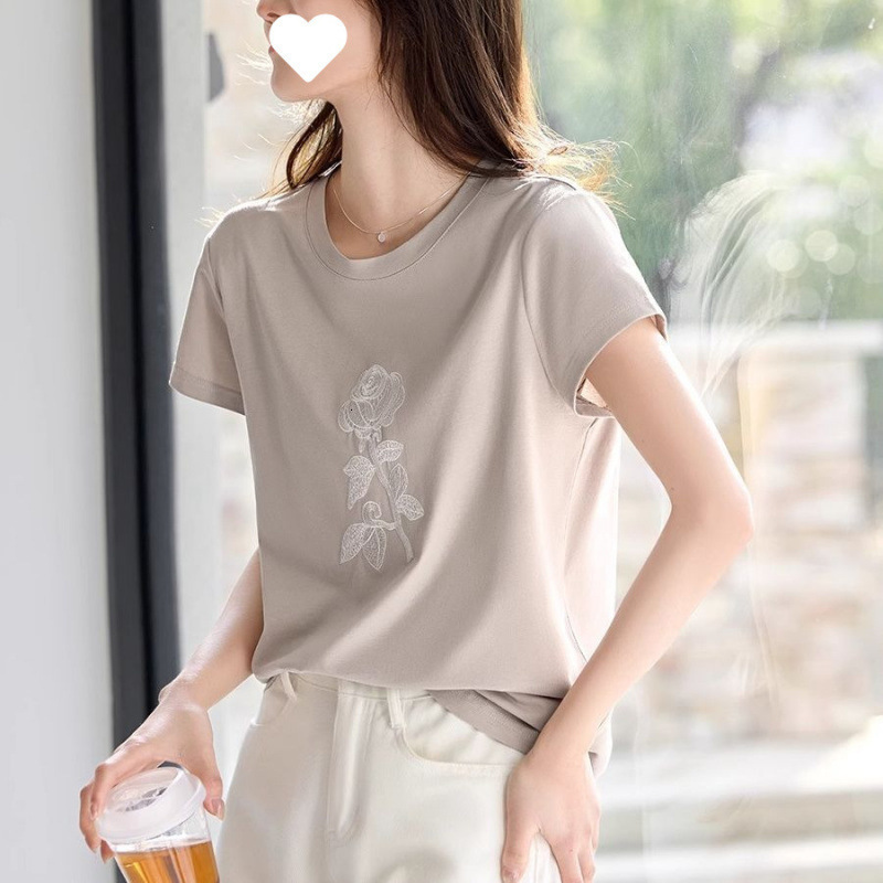 Slimming Lace Cotton Embroidered Design Small Cap Sleeve T-shirt For Designer Shirt Women Designer Hoodie 2025 Summer New Elegant Short Sleeve Top