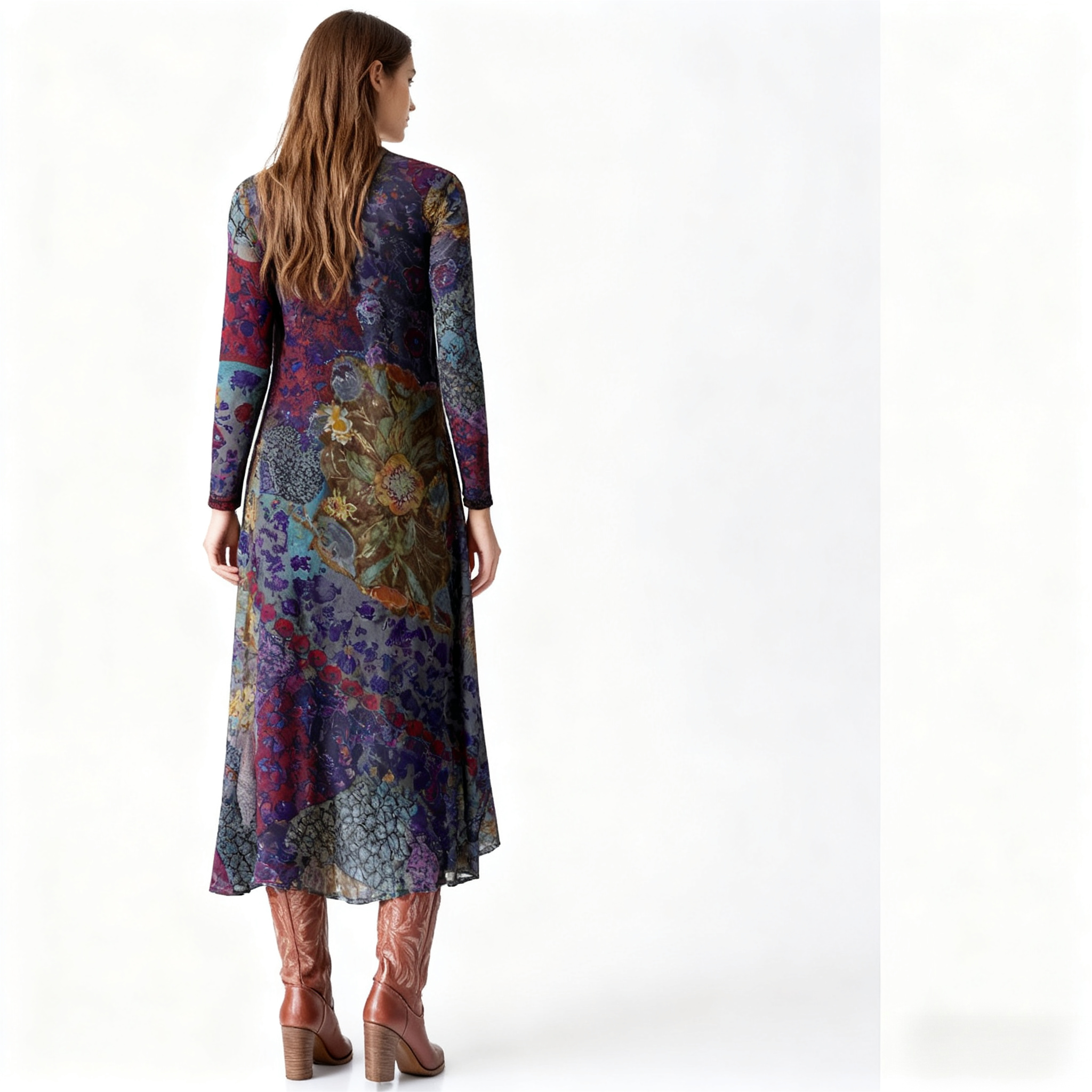 Women's Autumn Winter New Floral Patchwork Maxi Dress - Vintage & Casual Mixed - Color Dress-CF43251