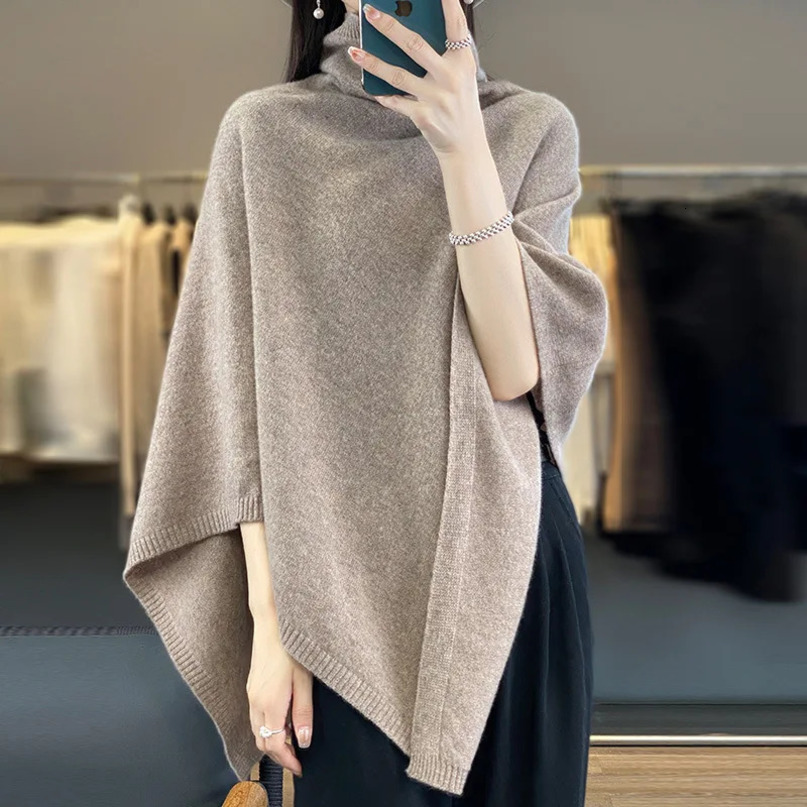 Autumn and Winter 100% Wool Pile Collar Large Shawl for Women Pure Color Asymmetrical Versatile Knitted Cape with 241021