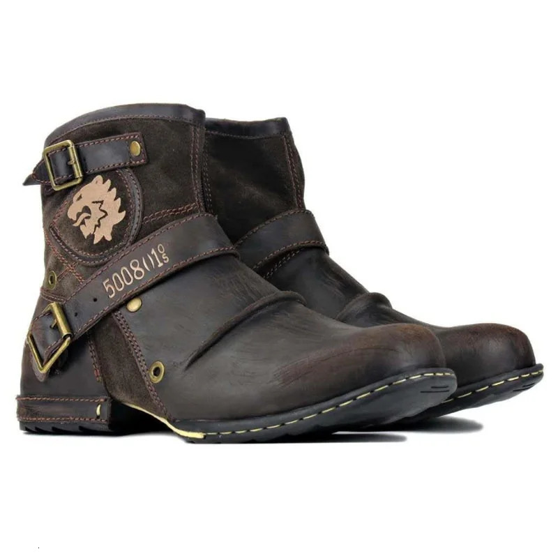 Mens Ankle Boots High Quality Cowboy Boots Men Metal Buckle Side Zipper Motorcycle Boots Gothic Boots Retro Western Boots 251010