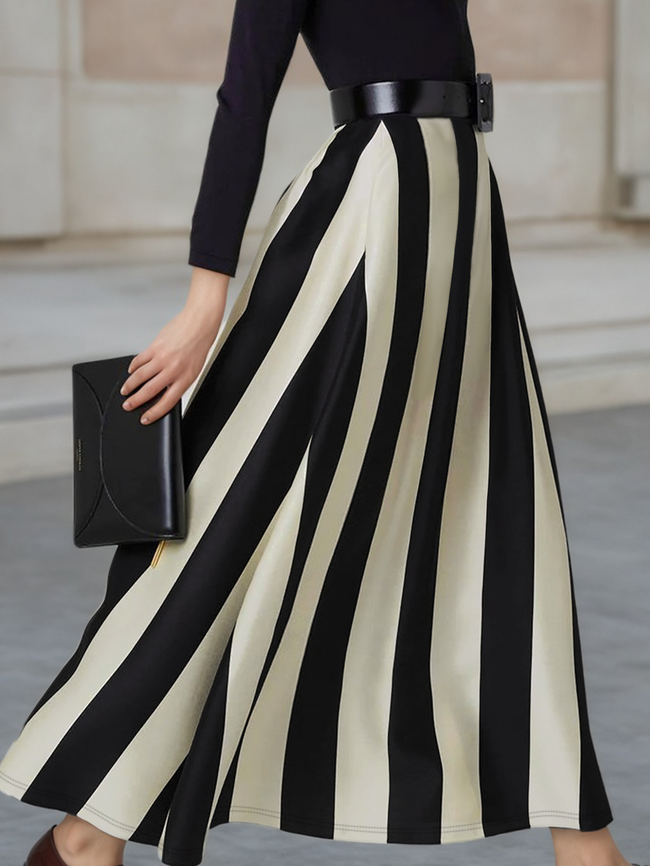 Women's Autumn Winter Casual Striped Midi Skirt - French Elegant Office - Wear Mixed - Color Skirt-CF53984