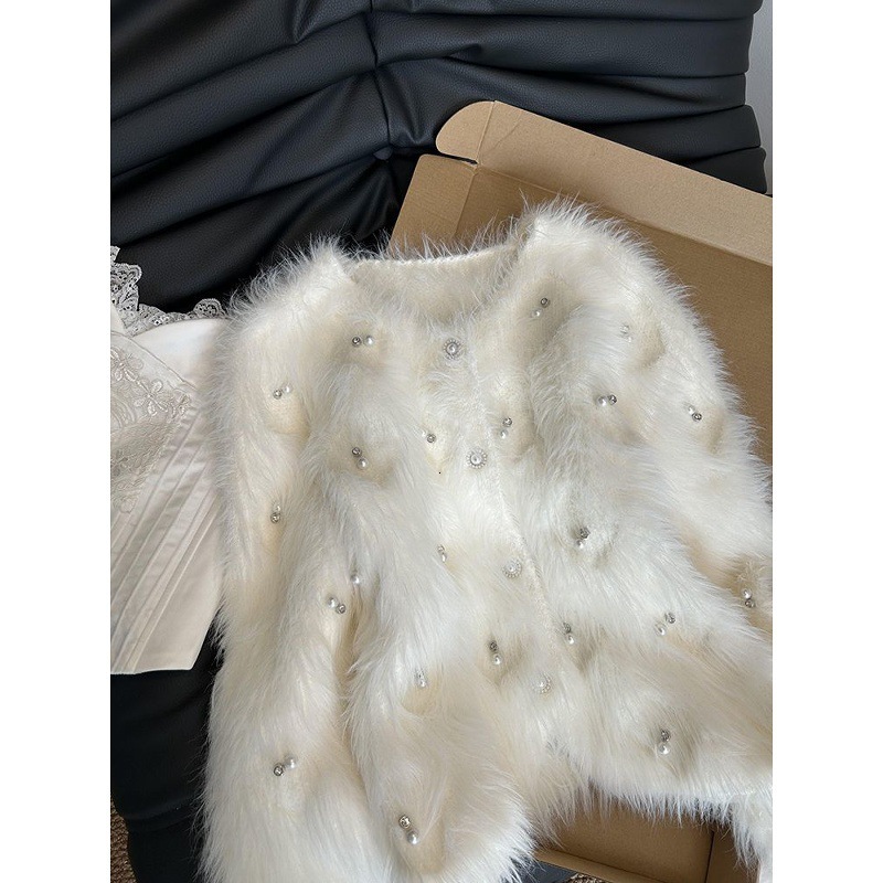 2025 Autumn/Winter New Top Pure White Elegant Designer Thick Bead Soft Knitted Women's Sweater fashion Autumn/Winter New mink Luxury Velvet Top
