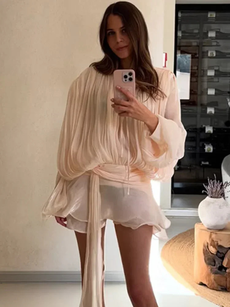 Fasion Mesh Layered Ruffle Dress Sexy Long Sleeve Lace Up Bodycon Mini Dresses 2025 Chic Summer Night Club Party Gown 251009