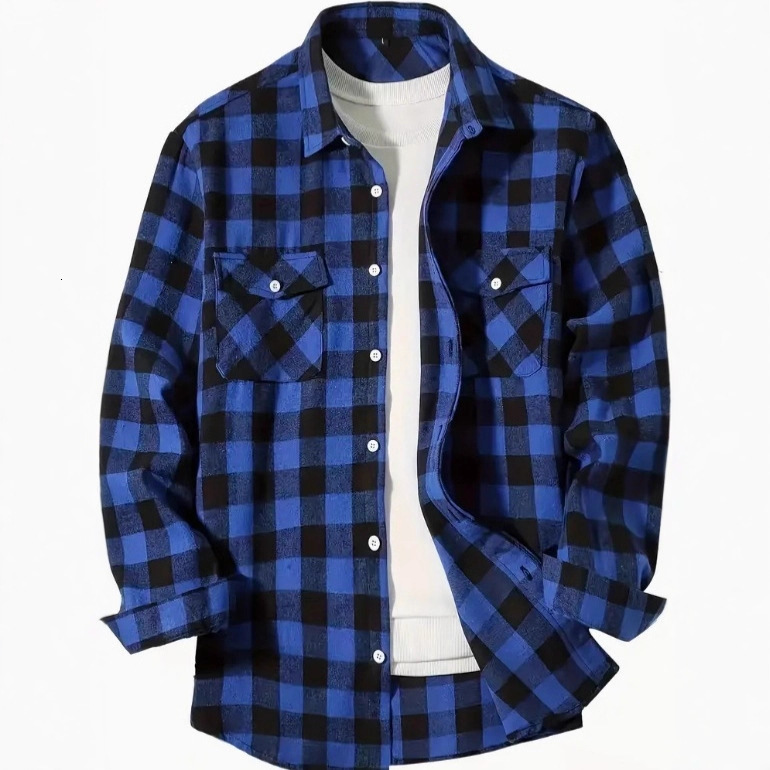 100% Cotton Loose Fit Trendy Plaid Shirt Fashion Casual Turn-down Collar Long Sleeve Shirt