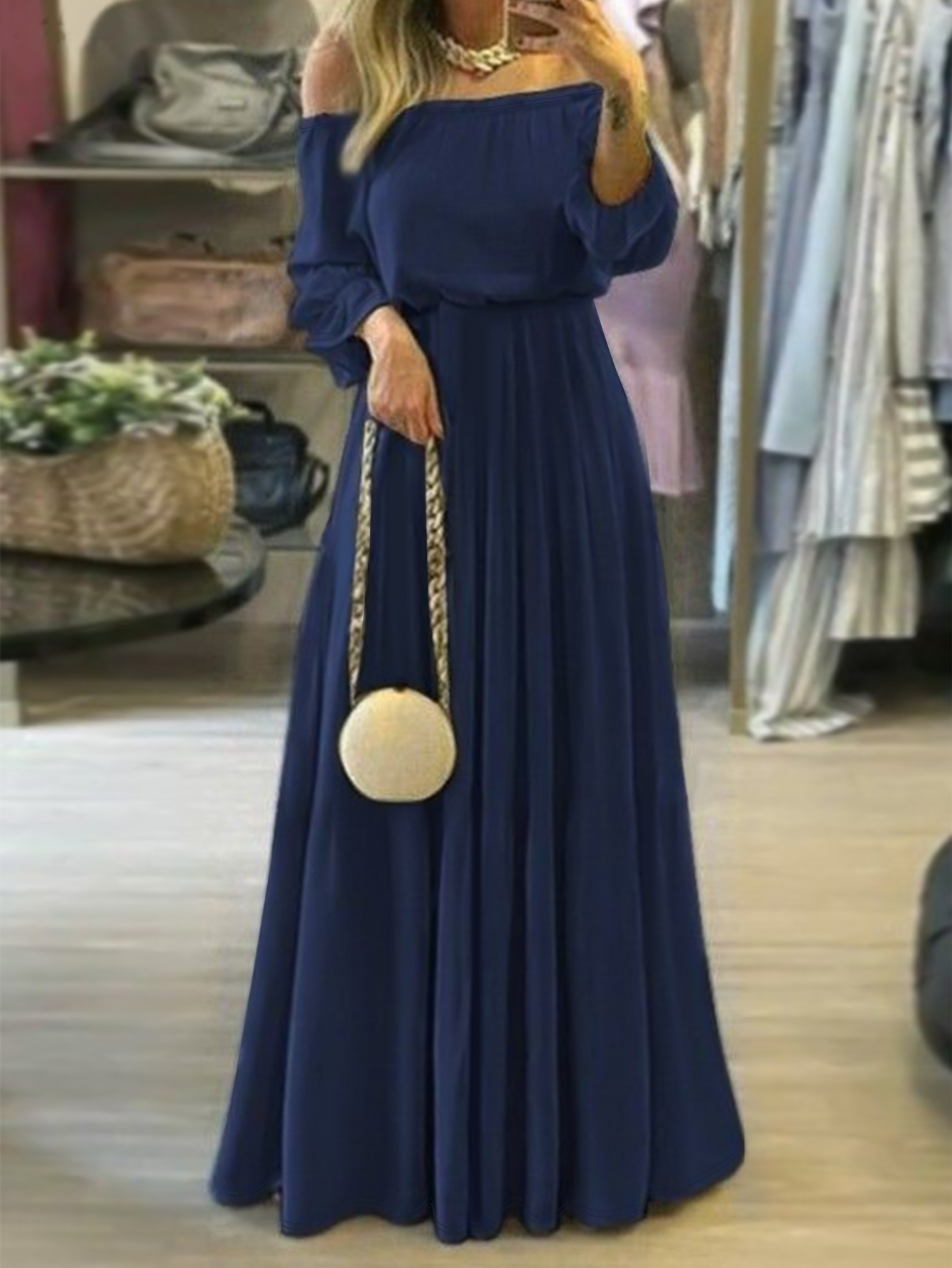 Women's New Fashion Solid Color Off - Shoulder Dress - Elegant & Casual Blue Midi Dress-CF52859