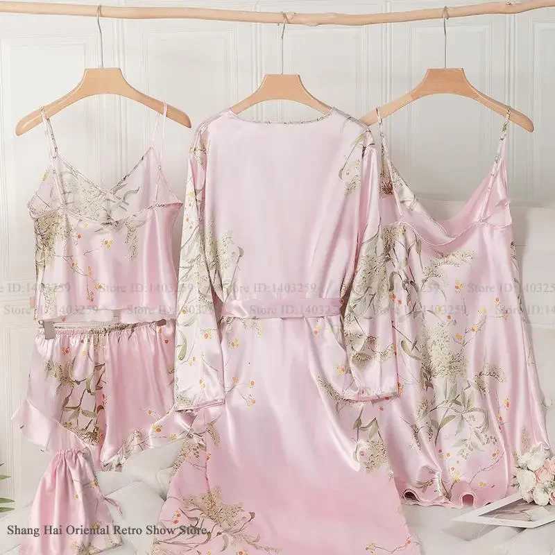 Spring Summer New Female Pajamas 4Pcs Set Print Cherry Sleepwear Kimono Bathrobe Gown Loose Satin Home Clothes Loungewear Pyjama Y251010