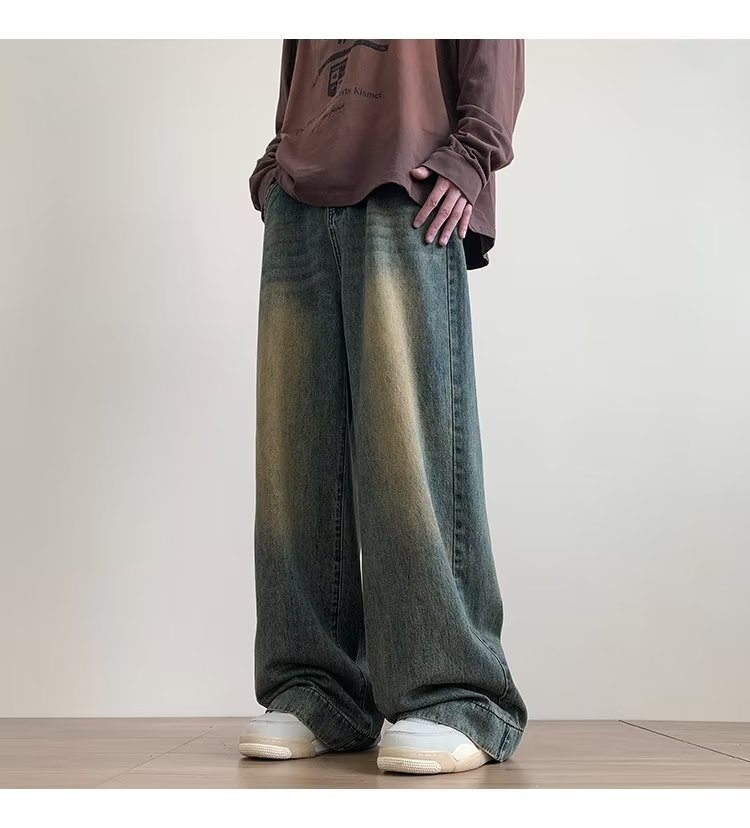 Men's Jeans Distressed Vintage Blue Pants Men Wide-leg Denim Trousers Male Oversize Streetwear Fashion Casual Baggy Straight