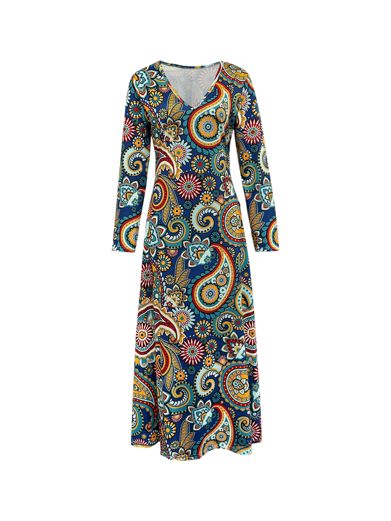 Women's Autumn Winter Fashion Paisley Print Maxi Dress - Casual Versatile Floral Dress-CF51073