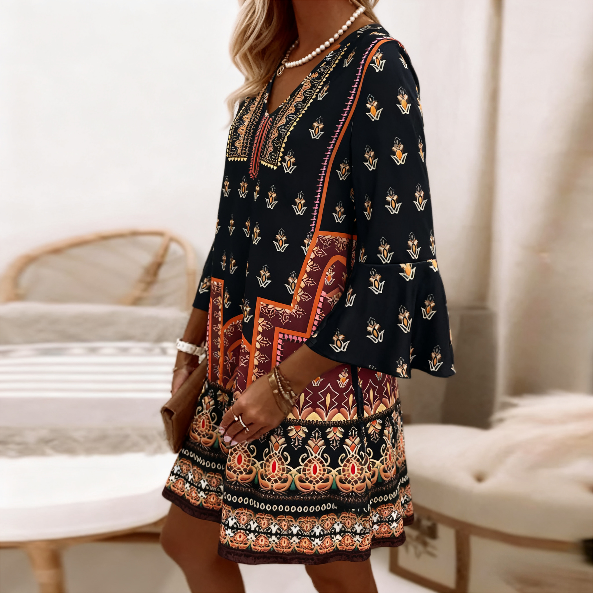 Women's Autumn New Ethnic - Style Printed Dress - Elegant & Casual Office - Wear Black Dress-CF53946